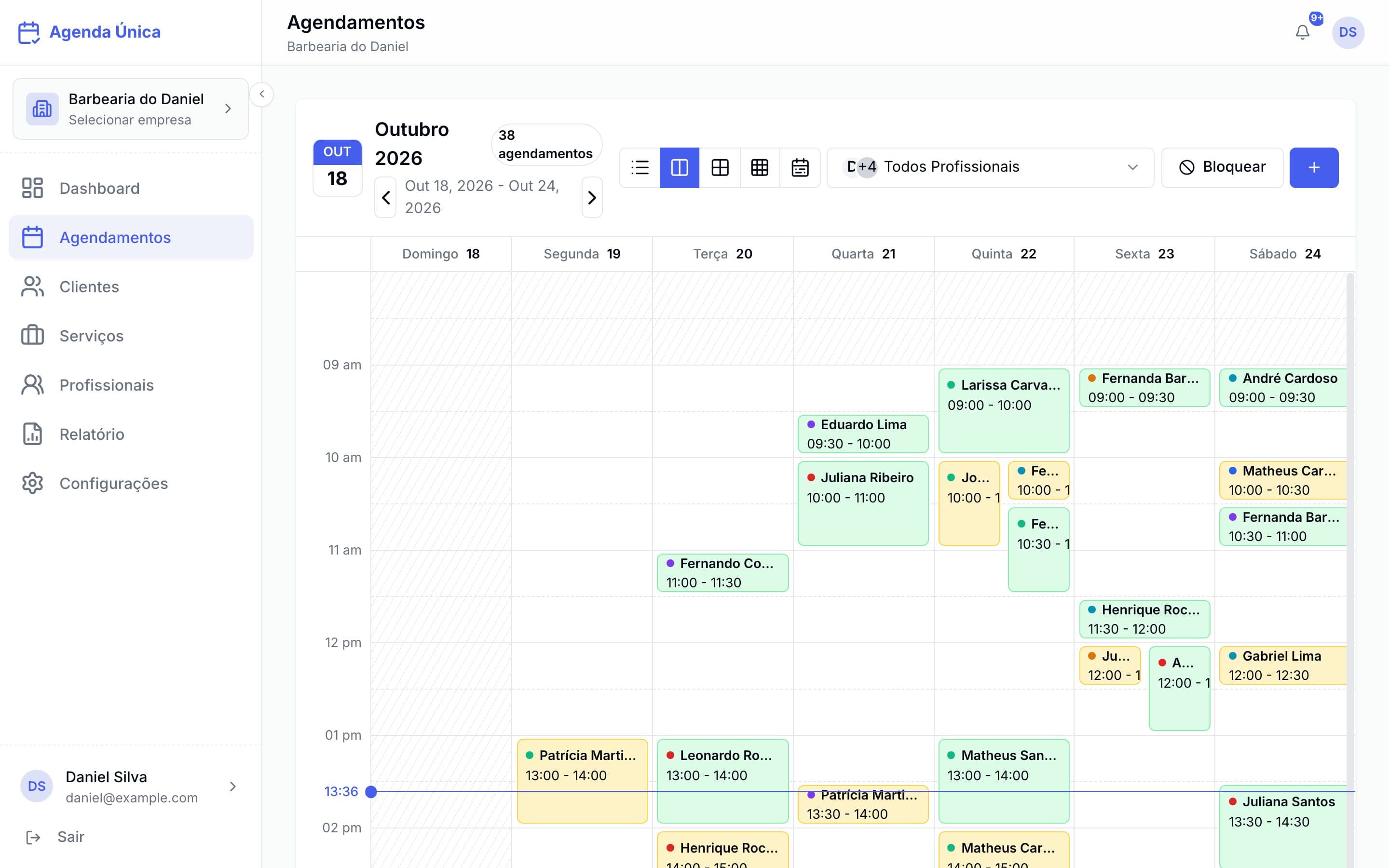 Agenda semanal com os agendamentos de toda a equipe