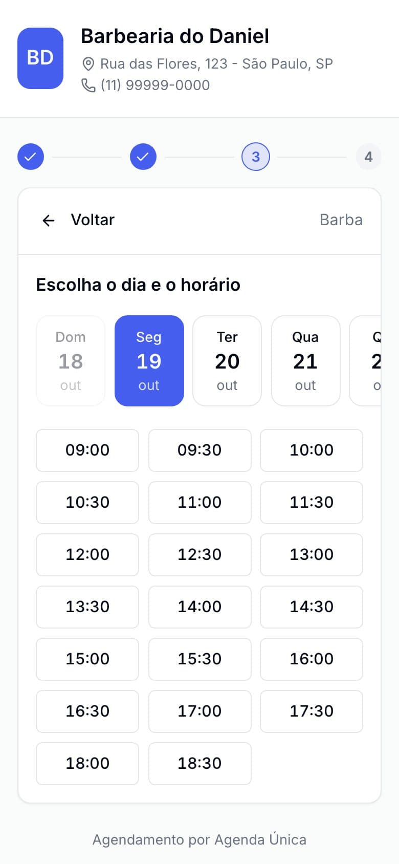 Página de agendamento online no celular mostrando os horários livres